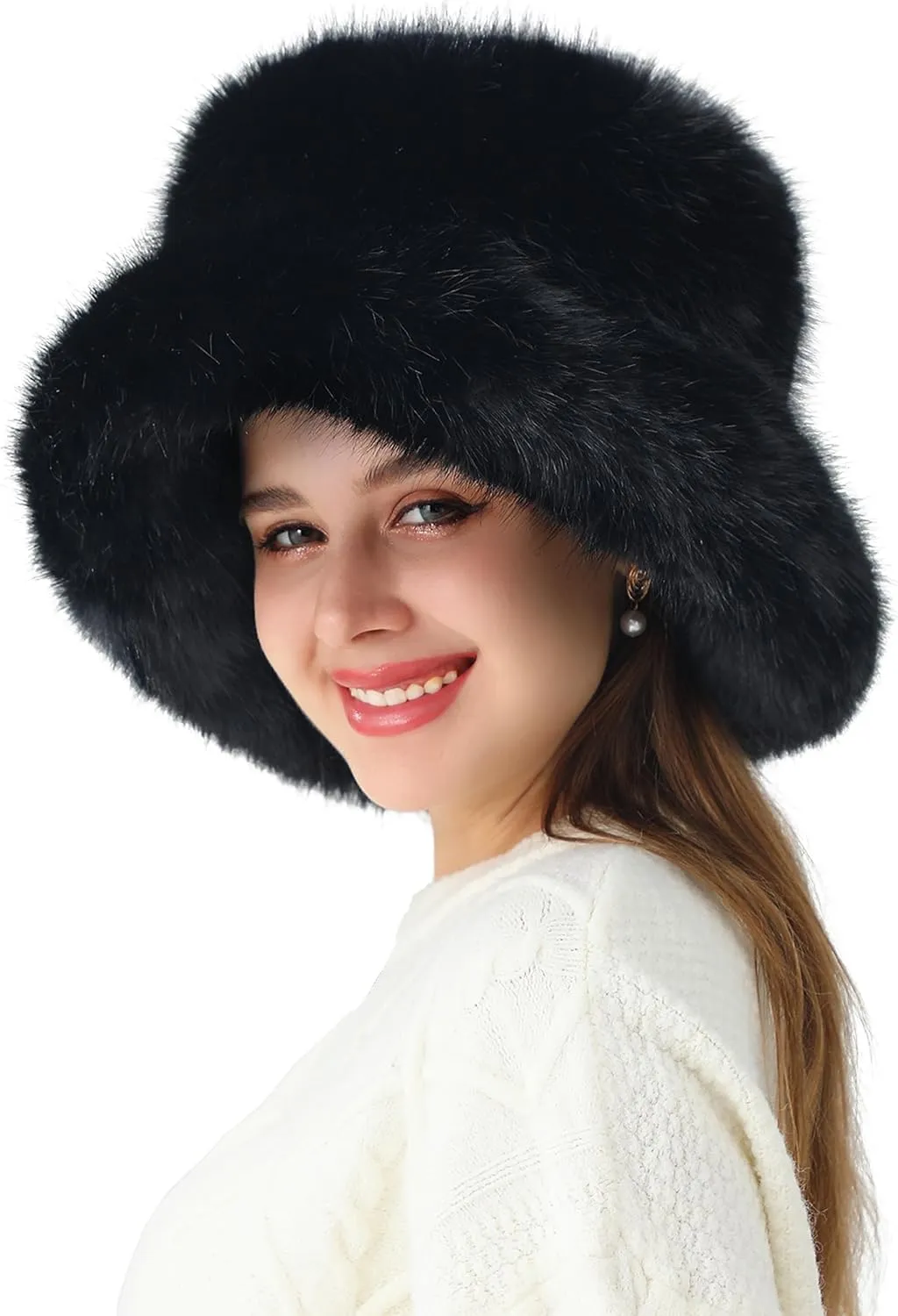 LA CARRIE Women's Fuzzy Wide Brim Faux Fur Bucket Hat Winter Warmer Fisherman Cap