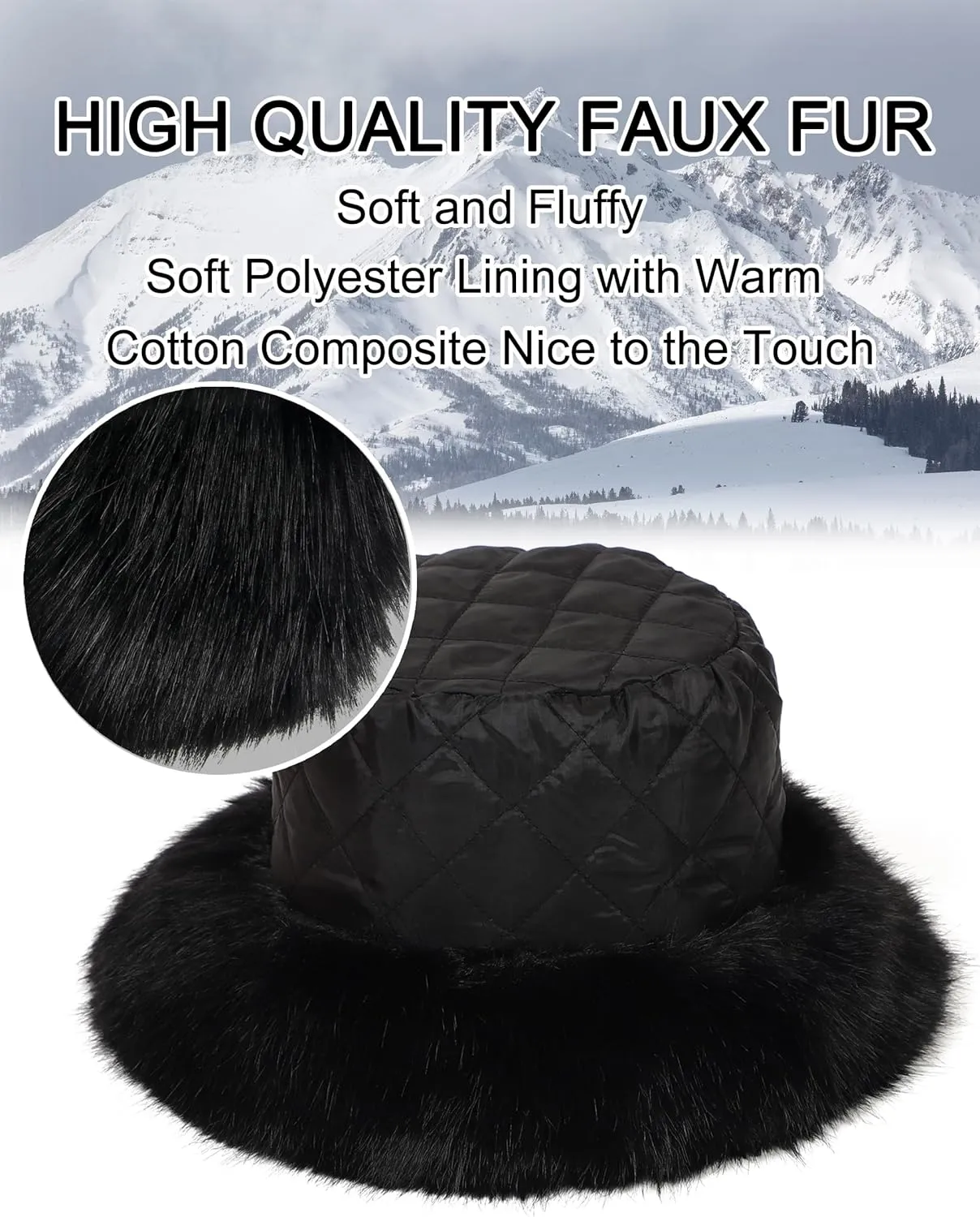 LA CARRIE Women's Fuzzy Wide Brim Faux Fur Bucket Hat Winter Warmer Fisherman Cap
