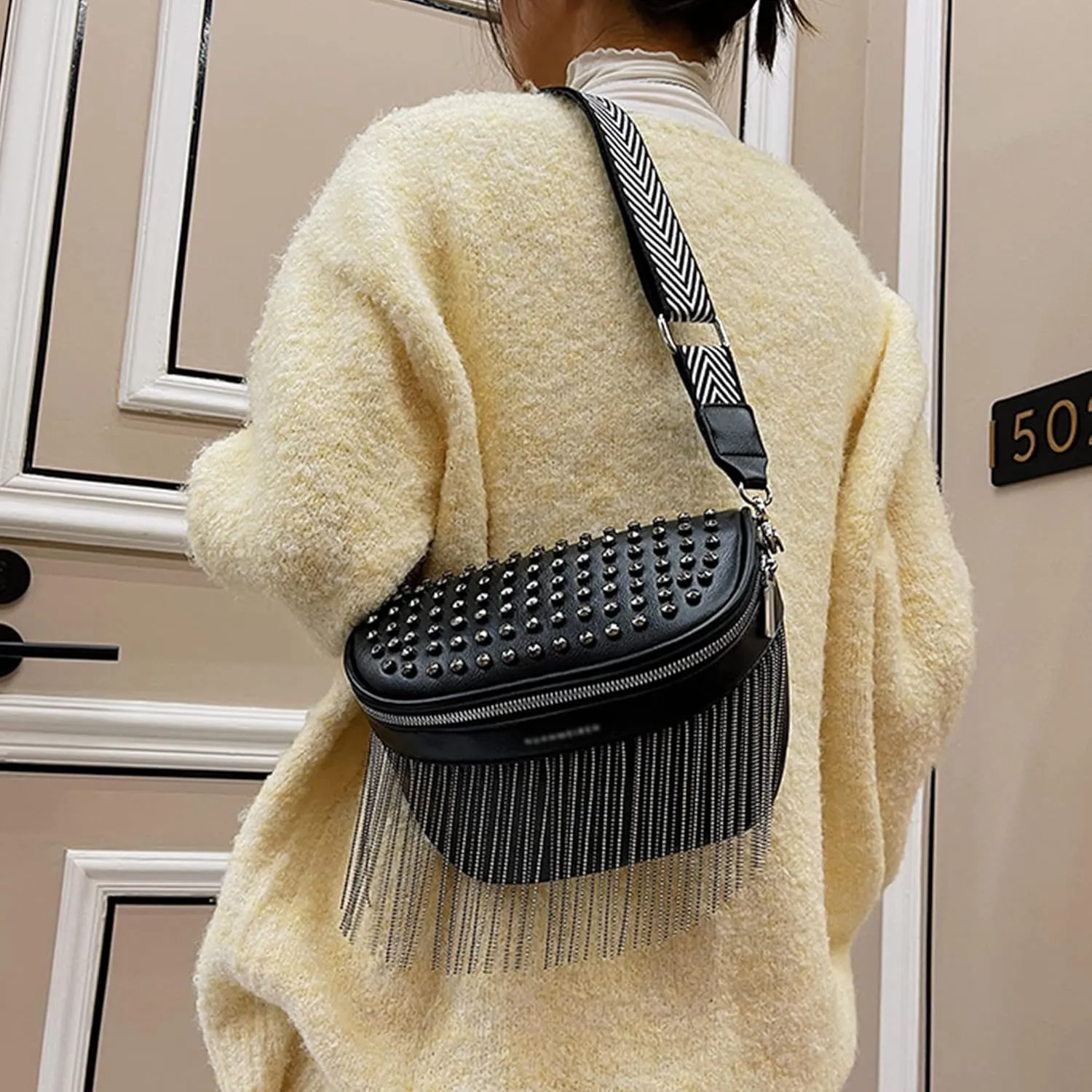 LABANCA Women Rivet Studded Zipper Pocket Shoulder Purse Faux Leather Waist Packs Rave Chest Bag Festival Fanny Bag Purse