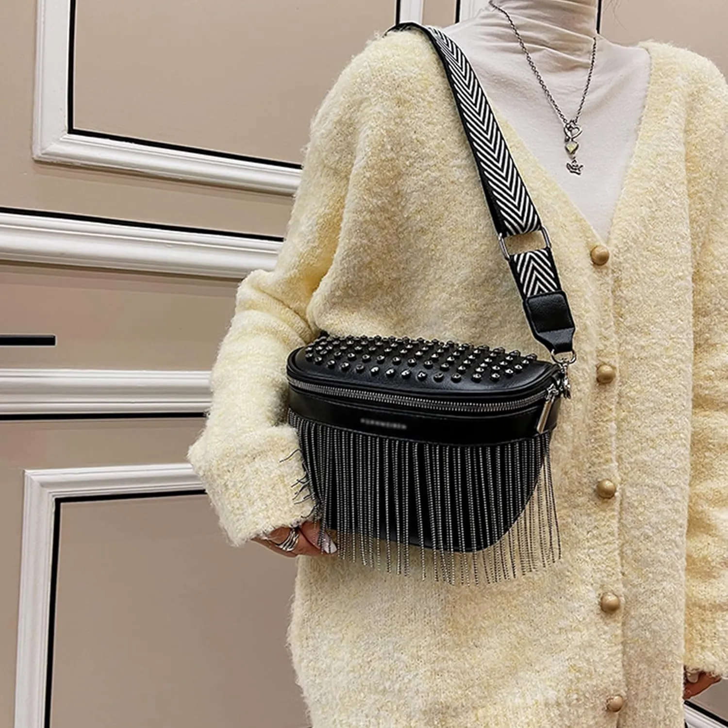 LABANCA Women Rivet Studded Zipper Pocket Shoulder Purse Faux Leather Waist Packs Rave Chest Bag Festival Fanny Bag Purse