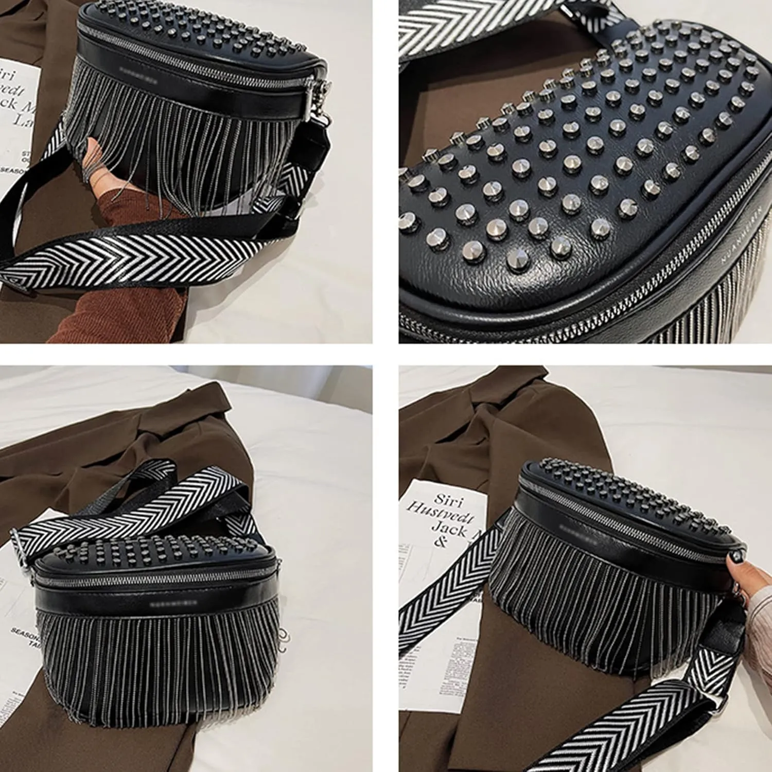LABANCA Women Rivet Studded Zipper Pocket Shoulder Purse Faux Leather Waist Packs Rave Chest Bag Festival Fanny Bag Purse