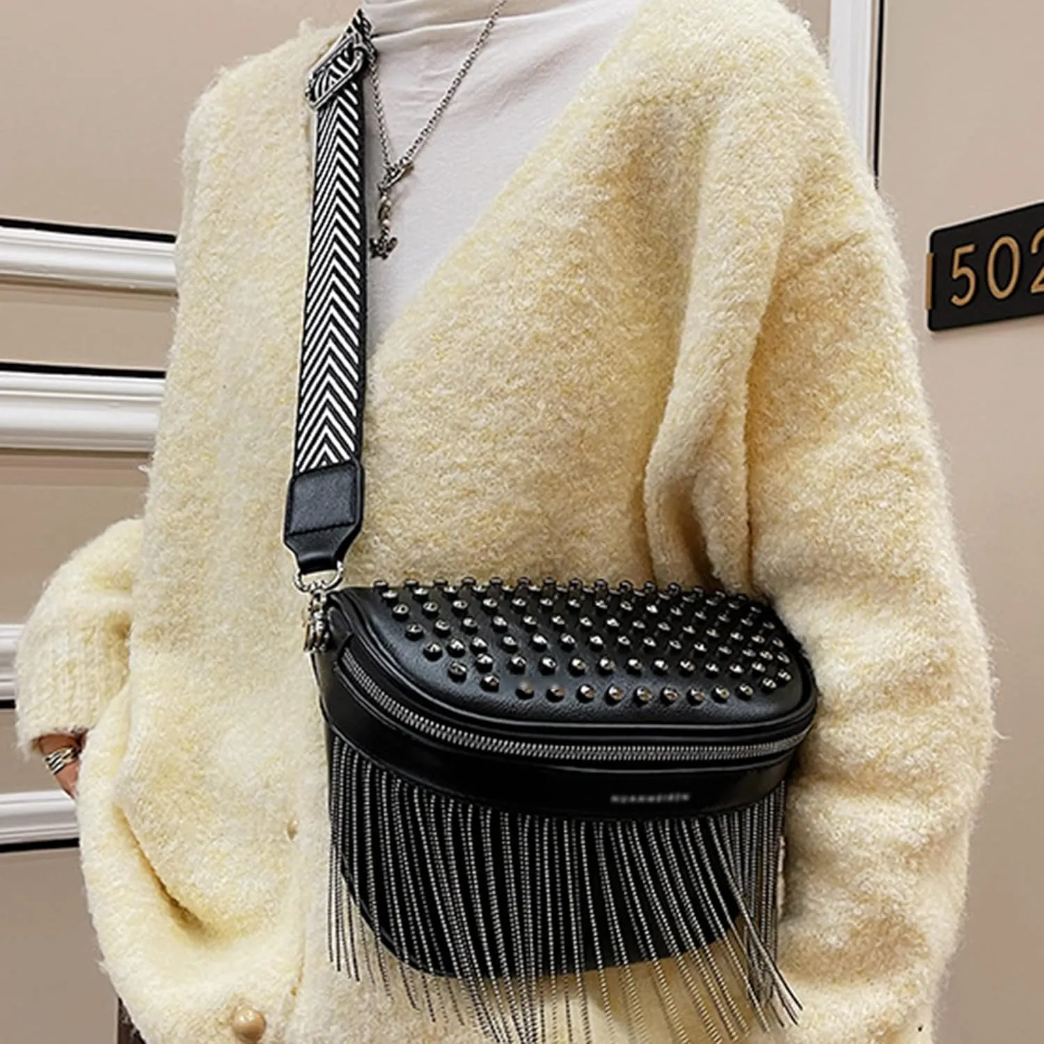 LABANCA Women Rivet Studded Zipper Pocket Shoulder Purse Faux Leather Waist Packs Rave Chest Bag Festival Fanny Bag Purse
