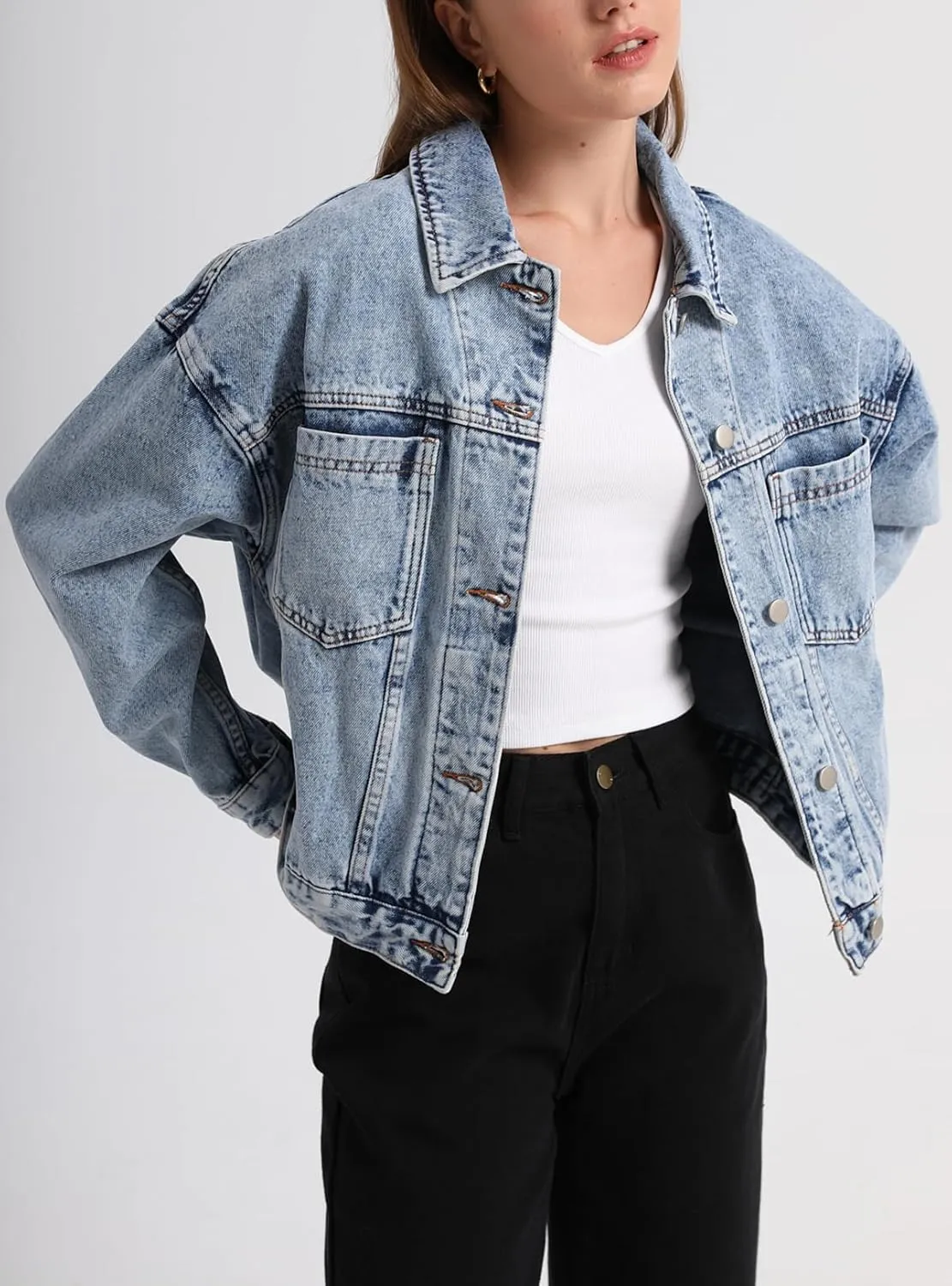 Ladyful Women's Jean Jacket Oversized Button Down Long Sleeve Distressed Denim Jacket Vintage Trucker Coat with Pockets