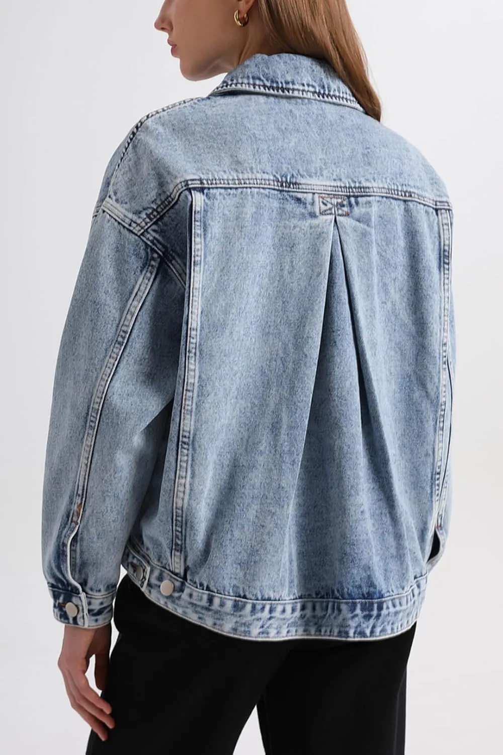 Ladyful Women's Jean Jacket Oversized Button Down Long Sleeve Distressed Denim Jacket Vintage Trucker Coat with Pockets