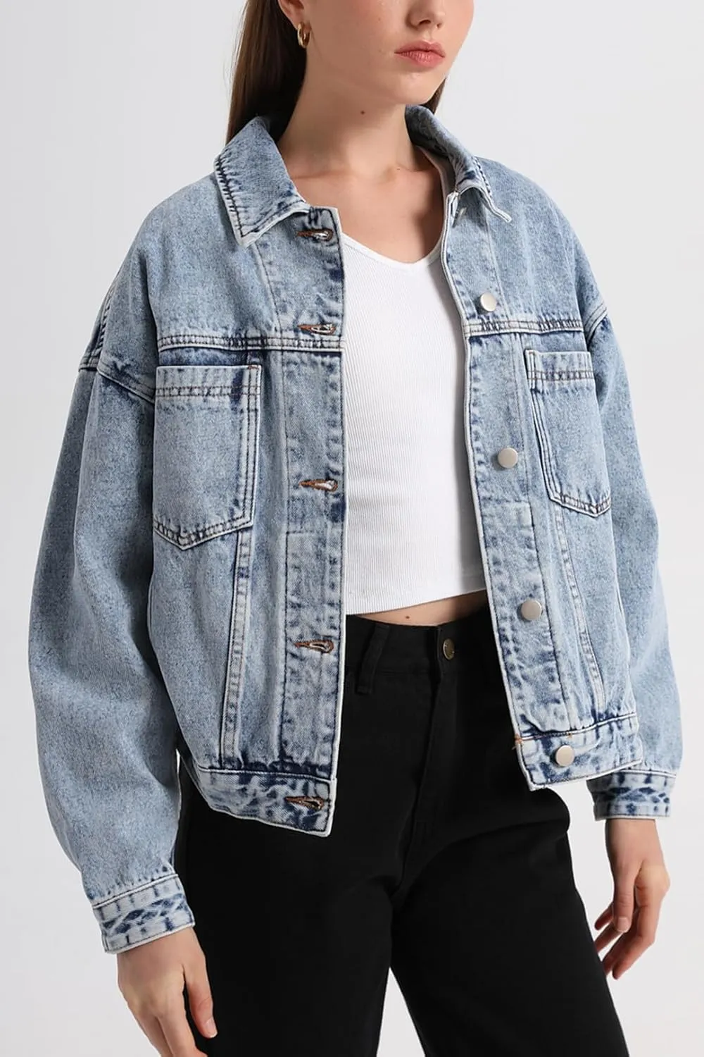 Ladyful Women's Jean Jacket Oversized Button Down Long Sleeve Distressed Denim Jacket Vintage Trucker Coat with Pockets