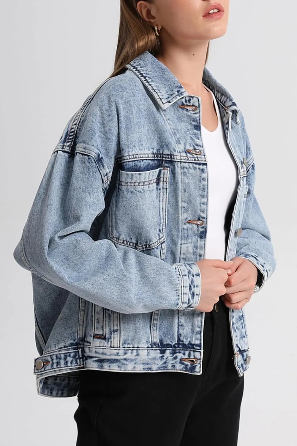 Ladyful Women's Jean Jacket Oversized Button Down Long Sleeve Distressed Denim Jacket Vintage Trucker Coat with Pockets