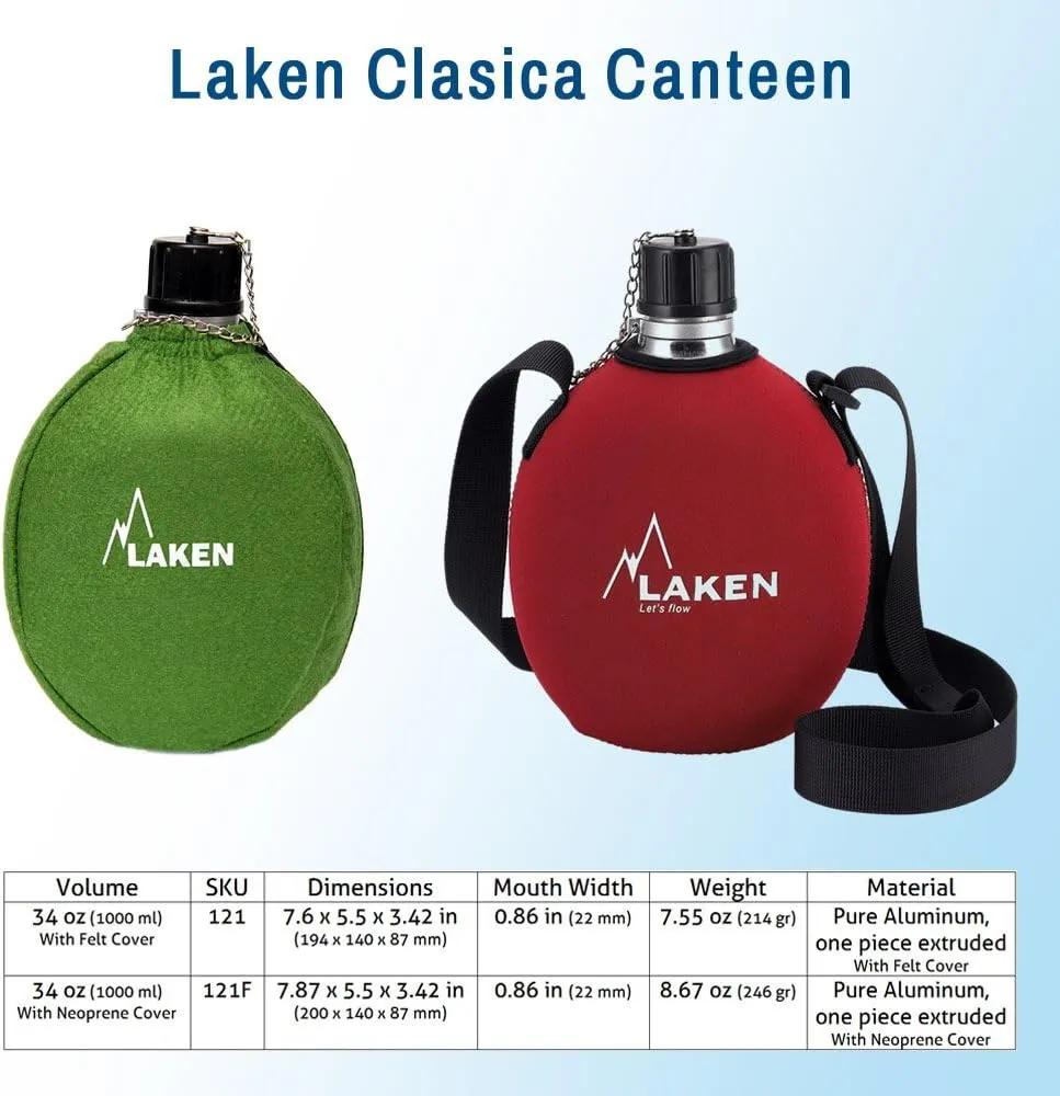 Laken Clasica 34oz Water Canteen, Aluminum Camping Bottle with Neoprene Pouch and Strap, Narrow Mouth, Leak Proof, BPA Free, Blue
