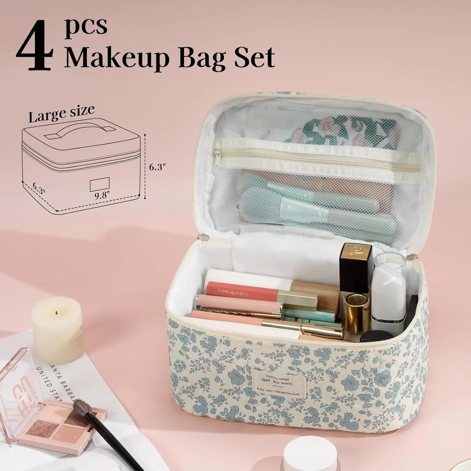 LANGSKIP'S Makeup Bags Set 4PCS, Floral Quilted Makeup Bag, Large Travel Toiletry Bag for Women Girls, Cute Cotton Cosmetic Bag Washable, Make Up Brush Organizer Bag (Blue-White)