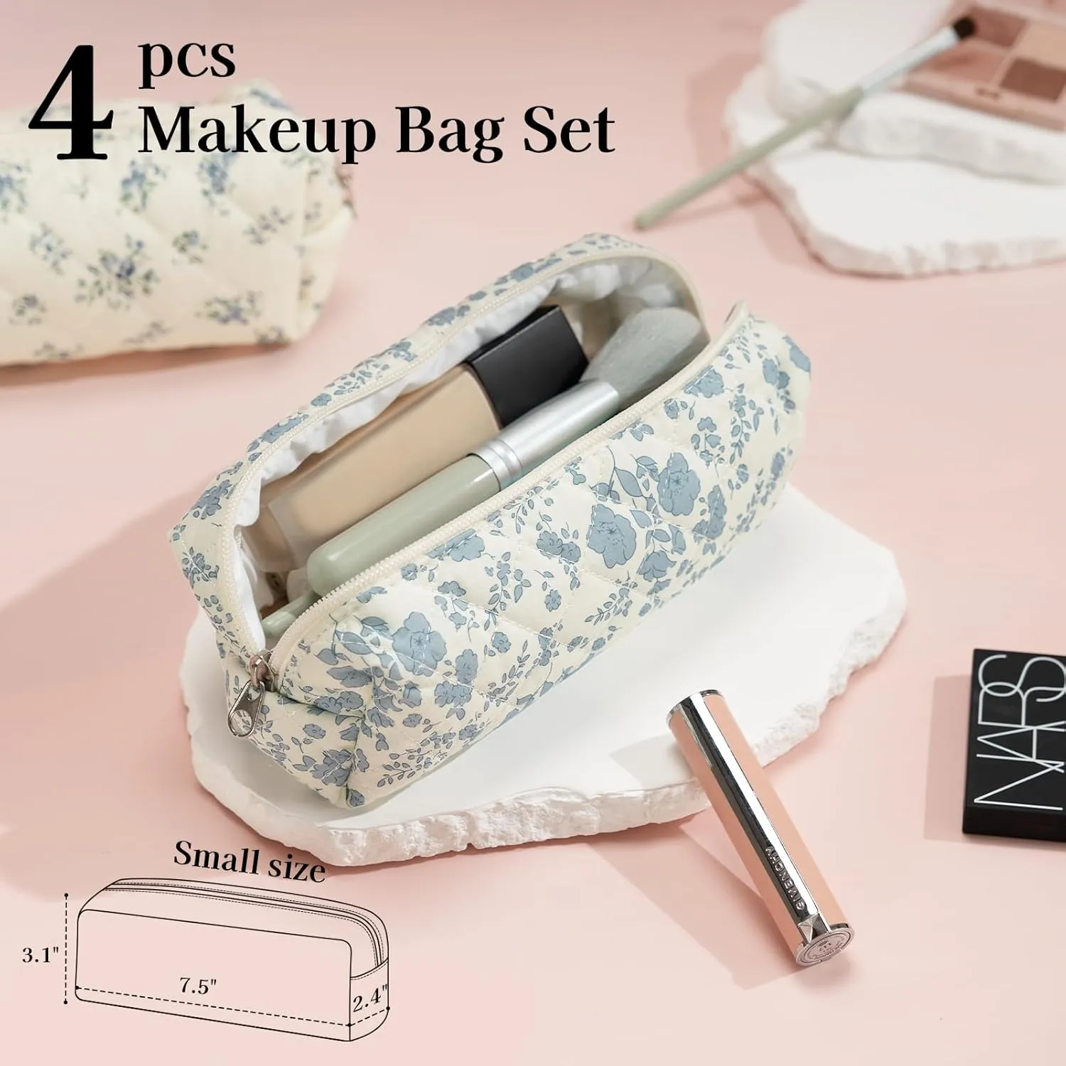 LANGSKIP'S Makeup Bags Set 4PCS, Floral Quilted Makeup Bag, Large Travel Toiletry Bag for Women Girls, Cute Cotton Cosmetic Bag Washable, Make Up Brush Organizer Bag (Blue-White)
