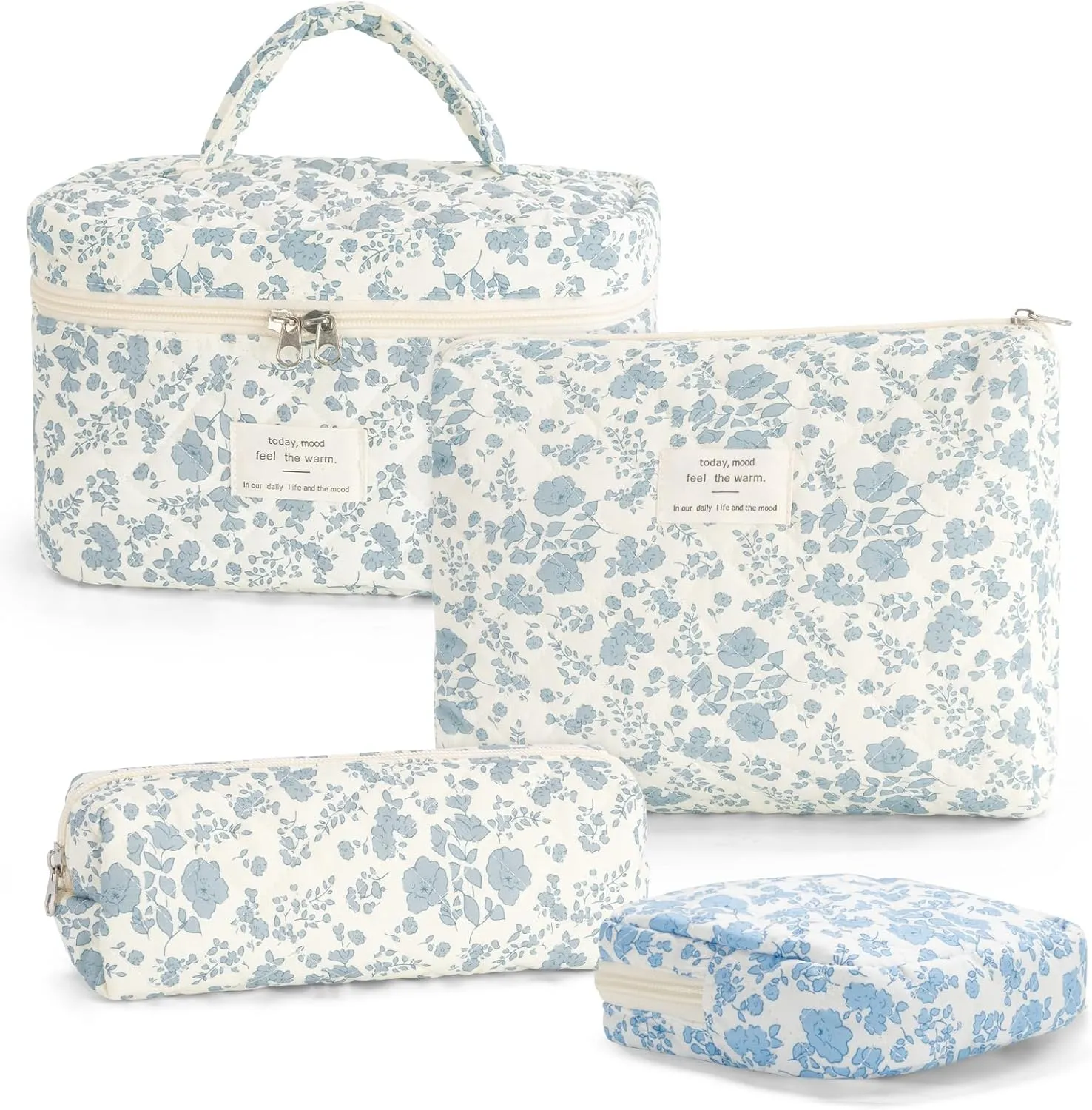 LANGSKIP'S Makeup Bags Set 4PCS, Floral Quilted Makeup Bag, Large Travel Toiletry Bag for Women Girls, Cute Cotton Cosmetic Bag Washable, Make Up Brush Organizer Bag (Blue-White)