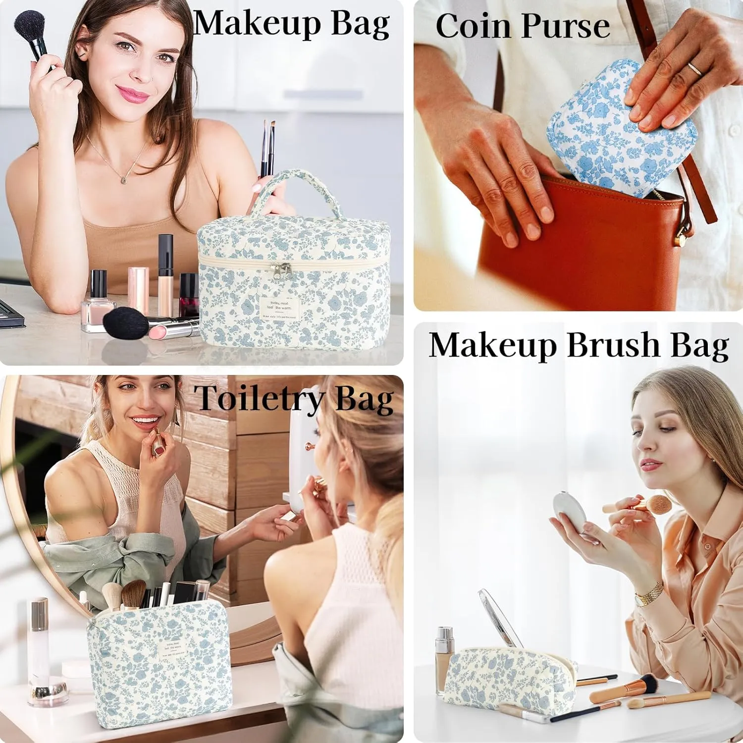 LANGSKIP'S Makeup Bags Set 4PCS, Floral Quilted Makeup Bag, Large Travel Toiletry Bag for Women Girls, Cute Cotton Cosmetic Bag Washable, Make Up Brush Organizer Bag (Blue-White)