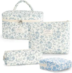 LANGSKIP'S Makeup Bags Set 4PCS, Floral Quilted Makeup Bag, Large Travel Toiletry Bag for Women Girls, Cute Cotton Cosmetic Bag Washable, Make Up Brush Organizer Bag (Blue-White)