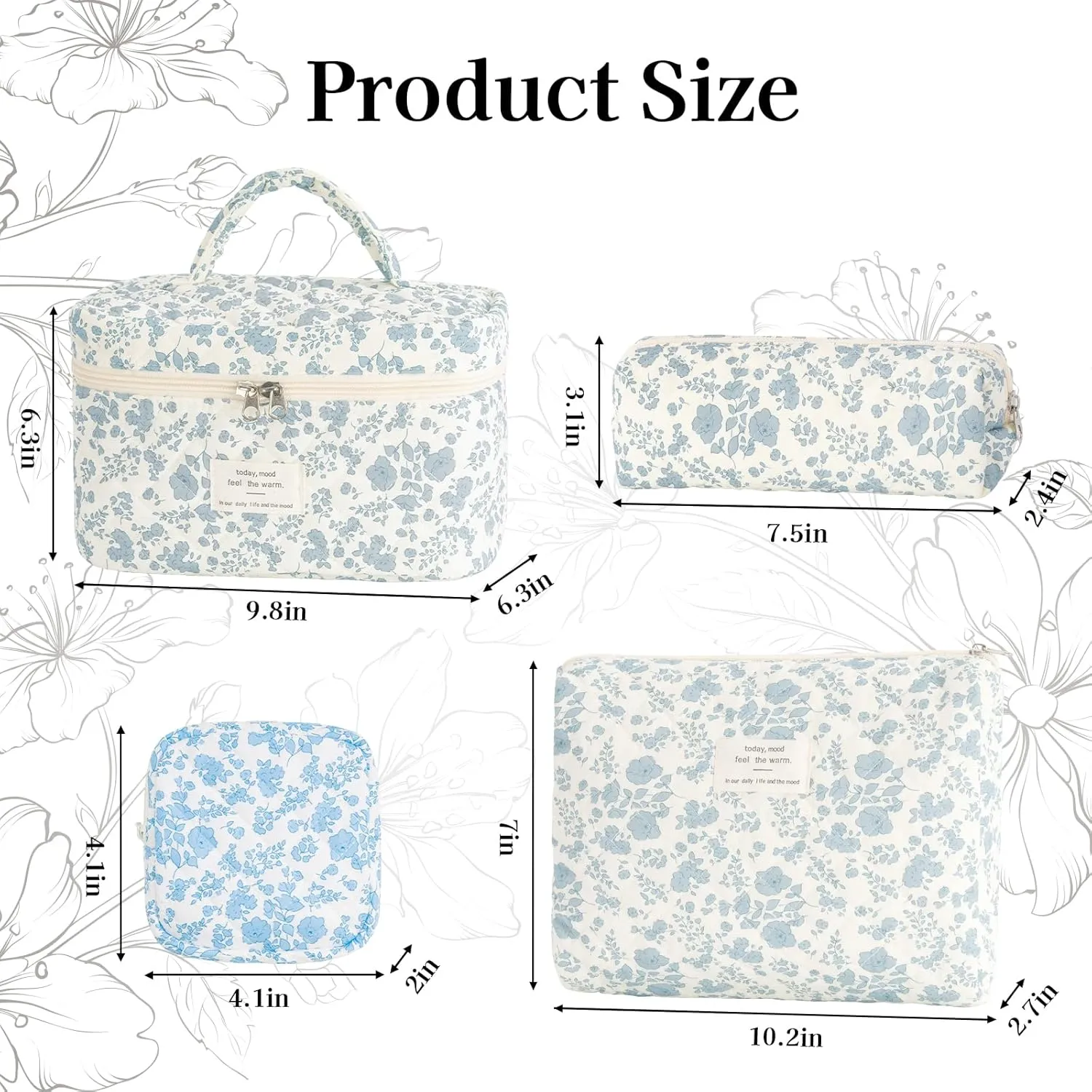 LANGSKIP'S Makeup Bags Set 4PCS, Floral Quilted Makeup Bag, Large Travel Toiletry Bag for Women Girls, Cute Cotton Cosmetic Bag Washable, Make Up Brush Organizer Bag (Blue-White)