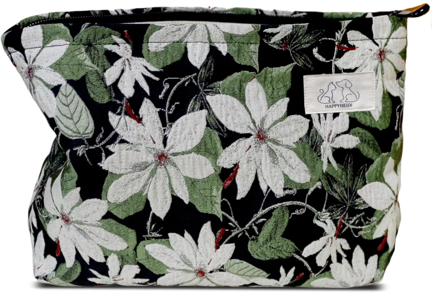 Large Black Embroidery Floral Makeup Bag Cosmetic Toiletries Travel Pouch, Canvas Lined, Purse Organizer, White Green Flowers