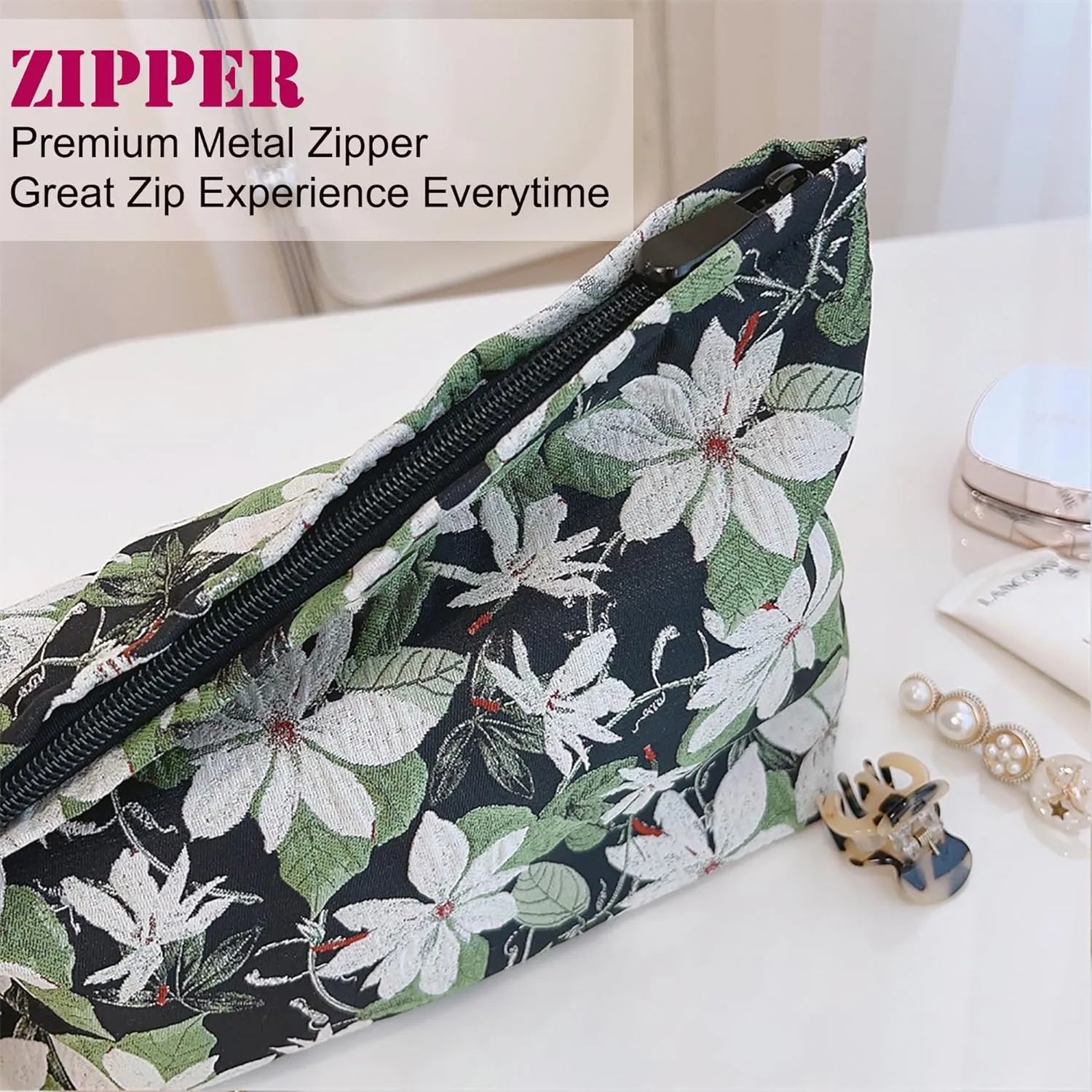 Large Black Embroidery Floral Makeup Bag Cosmetic Toiletries Travel Pouch, Canvas Lined, Purse Organizer, White Green Flowers