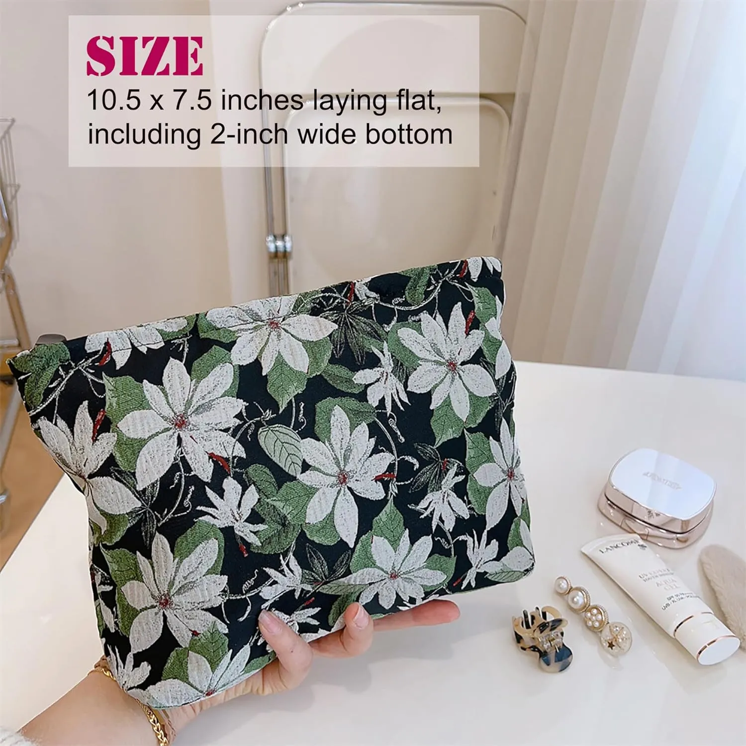 Large Black Embroidery Floral Makeup Bag Cosmetic Toiletries Travel Pouch, Canvas Lined, Purse Organizer, White Green Flowers