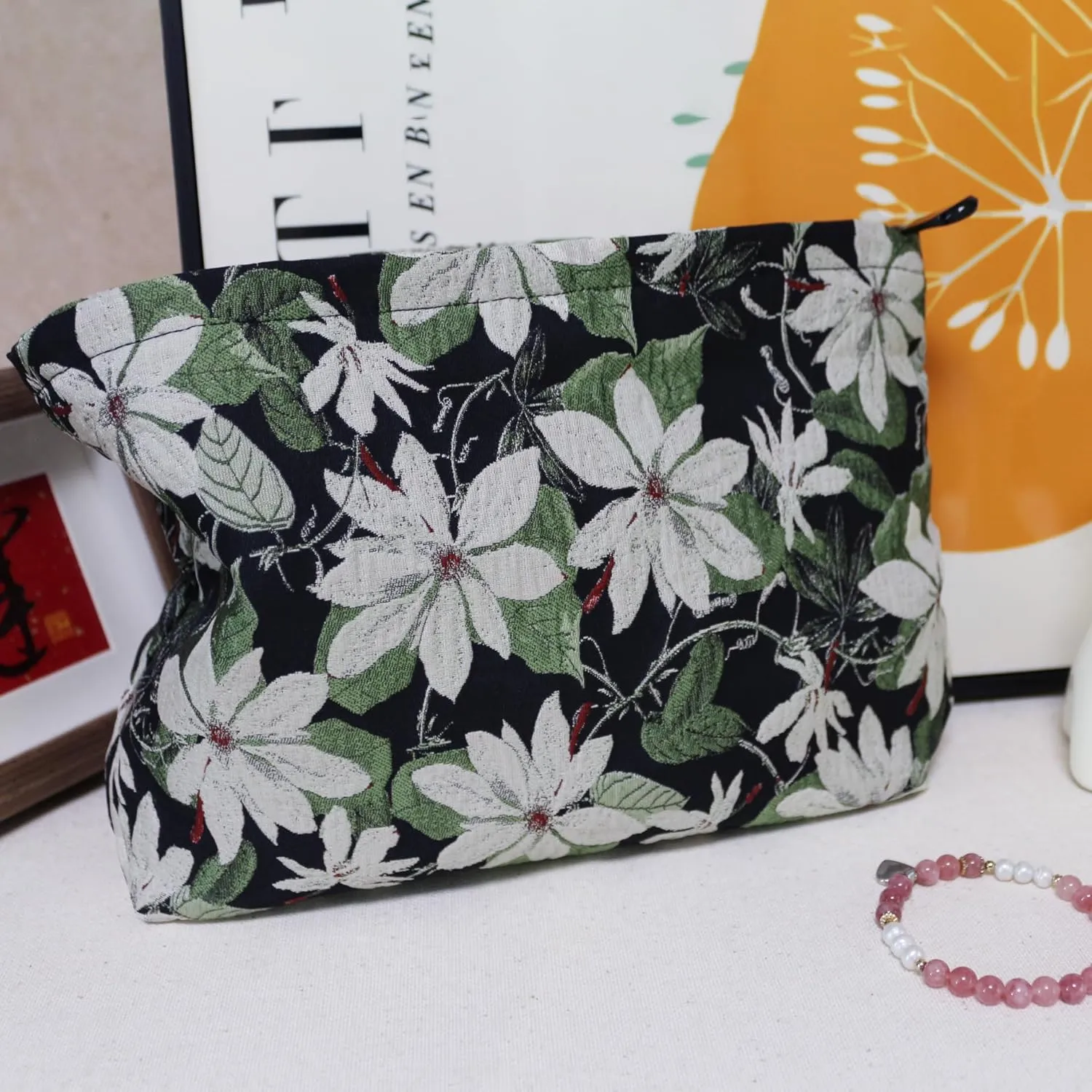 Large Black Embroidery Floral Makeup Bag Cosmetic Toiletries Travel Pouch, Canvas Lined, Purse Organizer, White Green Flowers
