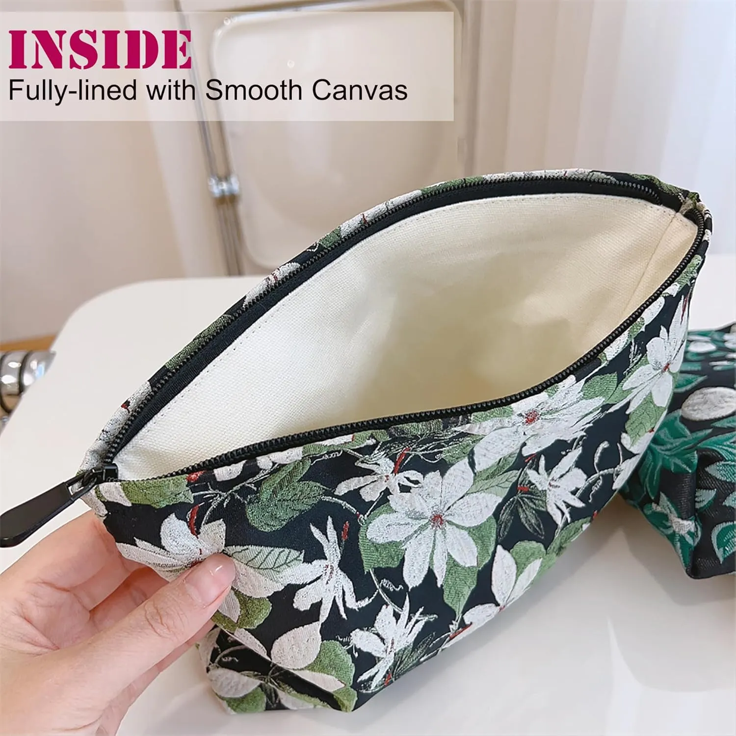 Large Black Embroidery Floral Makeup Bag Cosmetic Toiletries Travel Pouch, Canvas Lined, Purse Organizer, White Green Flowers