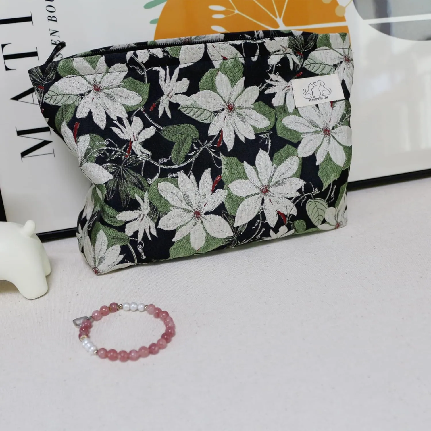 Large Black Embroidery Floral Makeup Bag Cosmetic Toiletries Travel Pouch, Canvas Lined, Purse Organizer, White Green Flowers