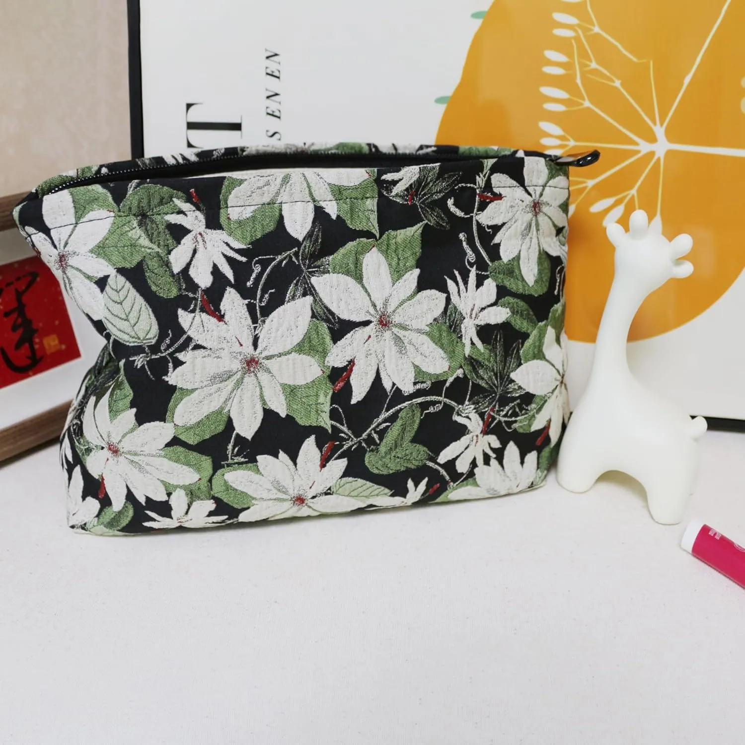 Large Black Embroidery Floral Makeup Bag Cosmetic Toiletries Travel Pouch, Canvas Lined, Purse Organizer, White Green Flowers
