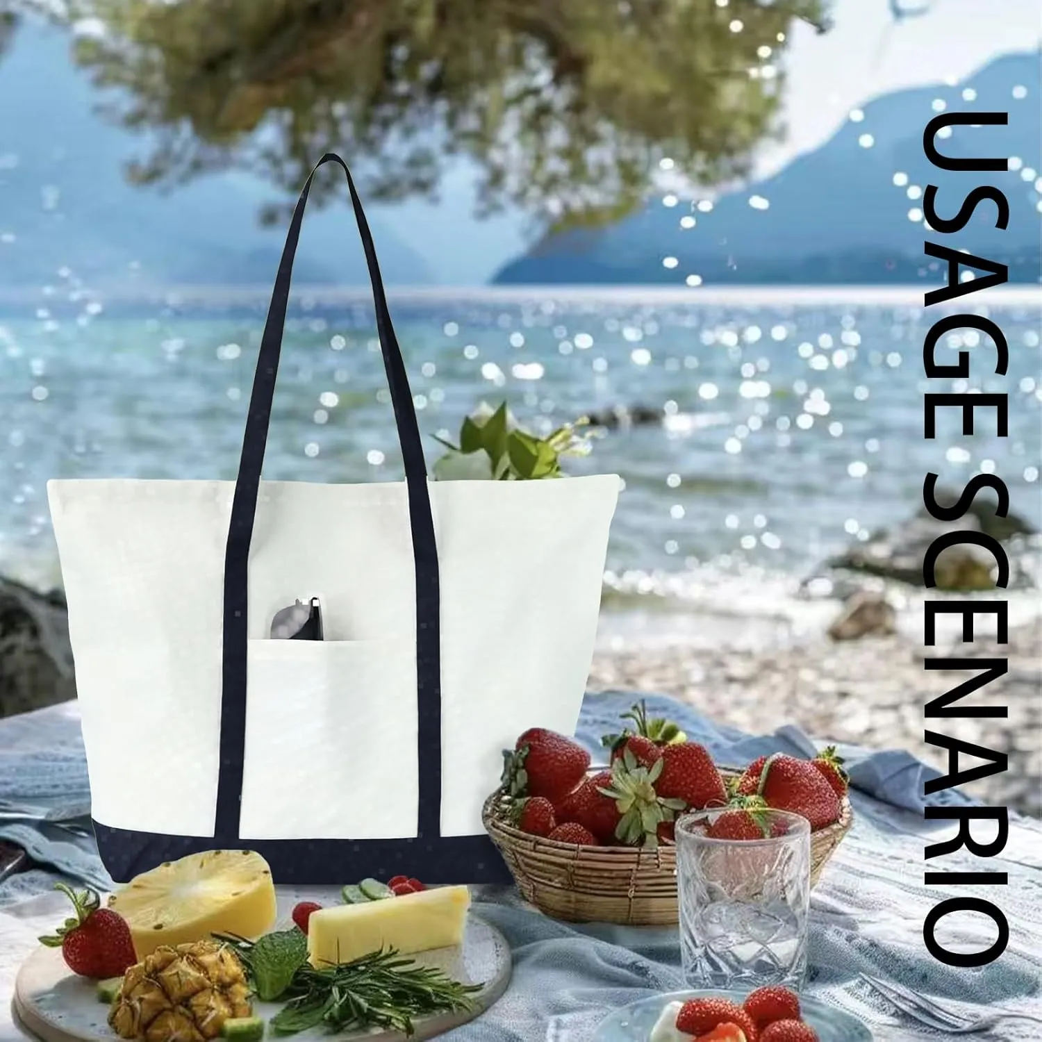Large Canvas Tote Bag for Women 12OZ Reusable Cotton Grocery Shopping Bag with Pocket for Daily Travel Crafts Bag