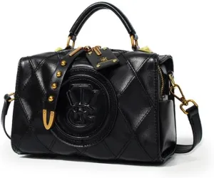 Large Capacity Quilted Leather Satchel Handbag with Studded Details, Black