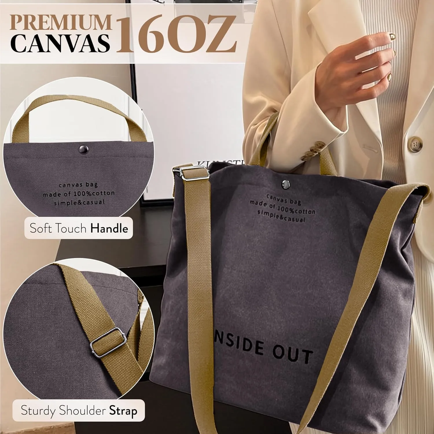 Large Tote Bag for Women, Canvas Bag Women Gift, Fashion Crossbody 16oz 100% Cotton Bag, Large Capacity Shoulder Bag