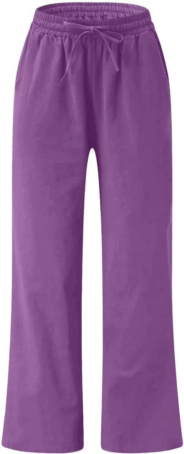 Lastesso Linen Pants Women Plus Size Elastic Waistband Straight Palazzo Flowy Trousers Comfy Summer Cotton Hawaiian Outfits