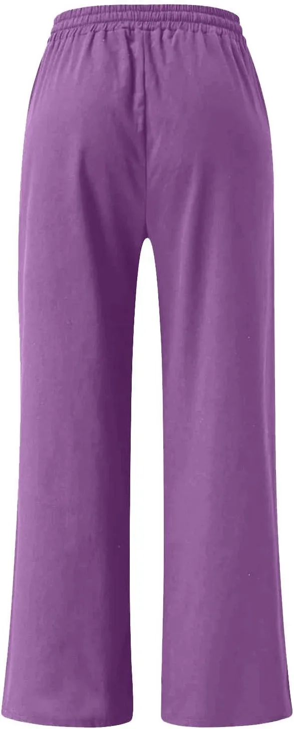 Lastesso Linen Pants Women Plus Size Elastic Waistband Straight Palazzo Flowy Trousers Comfy Summer Cotton Hawaiian Outfits