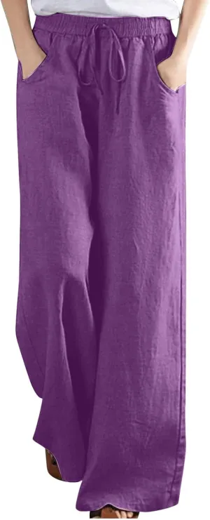 Lastesso Linen Pants Women Plus Size Elastic Waistband Straight Palazzo Flowy Trousers Comfy Summer Cotton Hawaiian Outfits