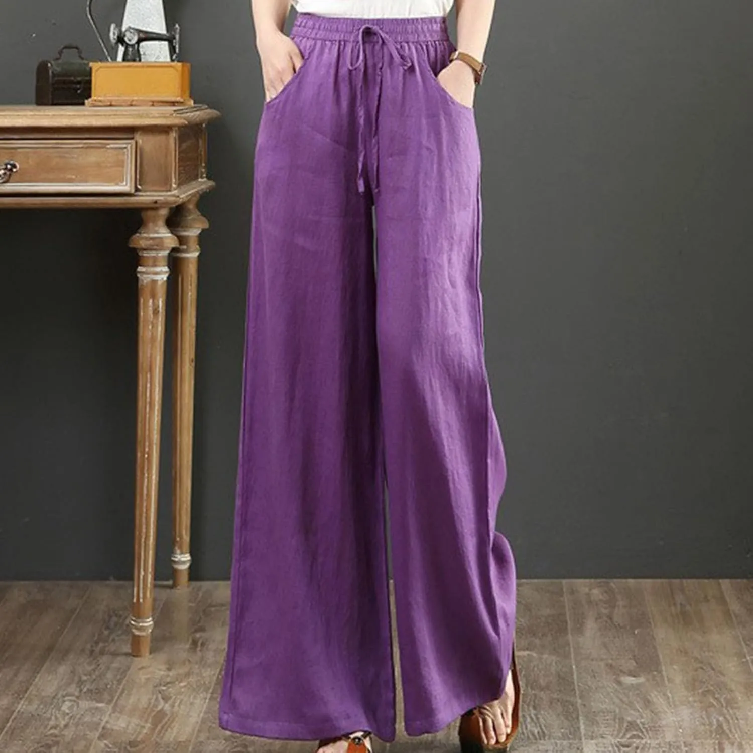 Lastesso Linen Pants Women Plus Size Elastic Waistband Straight Palazzo Flowy Trousers Comfy Summer Cotton Hawaiian Outfits