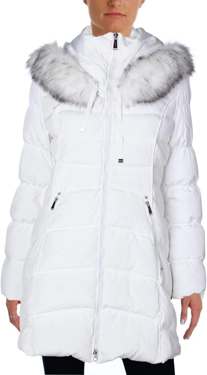 Laundry by Shelli Segal Women's 3/4 Hooded Puffer with Faux Fur Trim