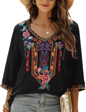 LauraKlein Women's Summer Boho Embroidery Mexican Bohemian Tops V Neck 3/4 Sleeve Causal Loose Shirt Blouse Tunic