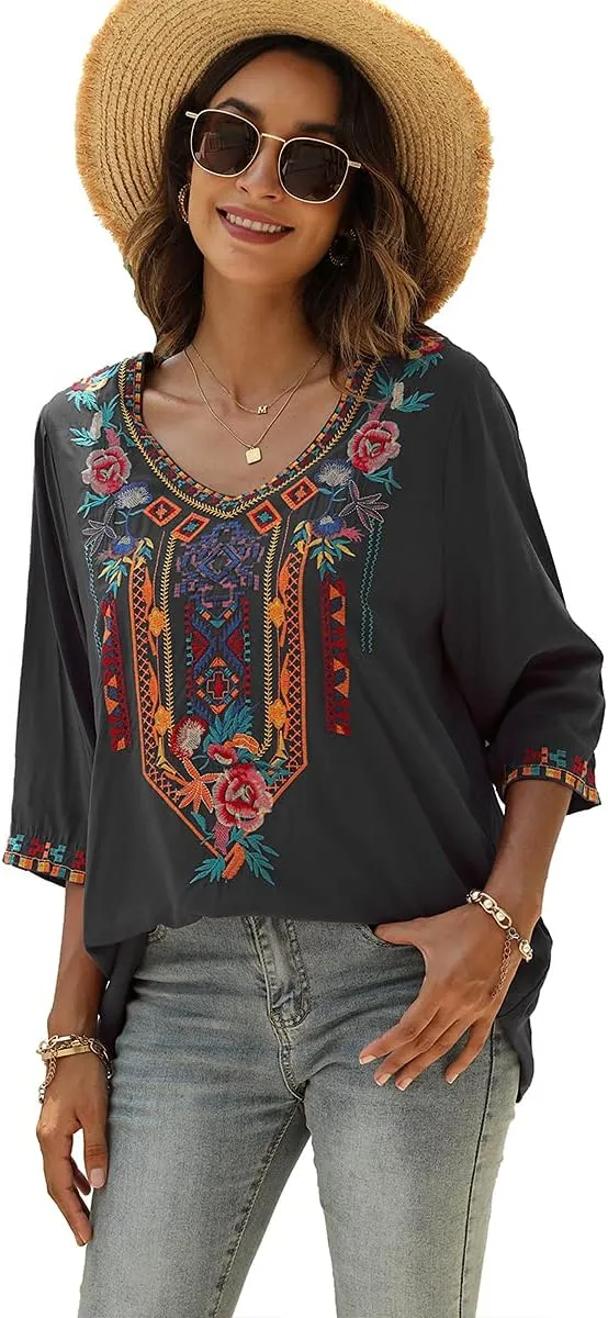 LauraKlein Women's Summer Boho Embroidery Mexican Bohemian Tops V Neck 3/4 Sleeve Causal Loose Shirt Blouse Tunic