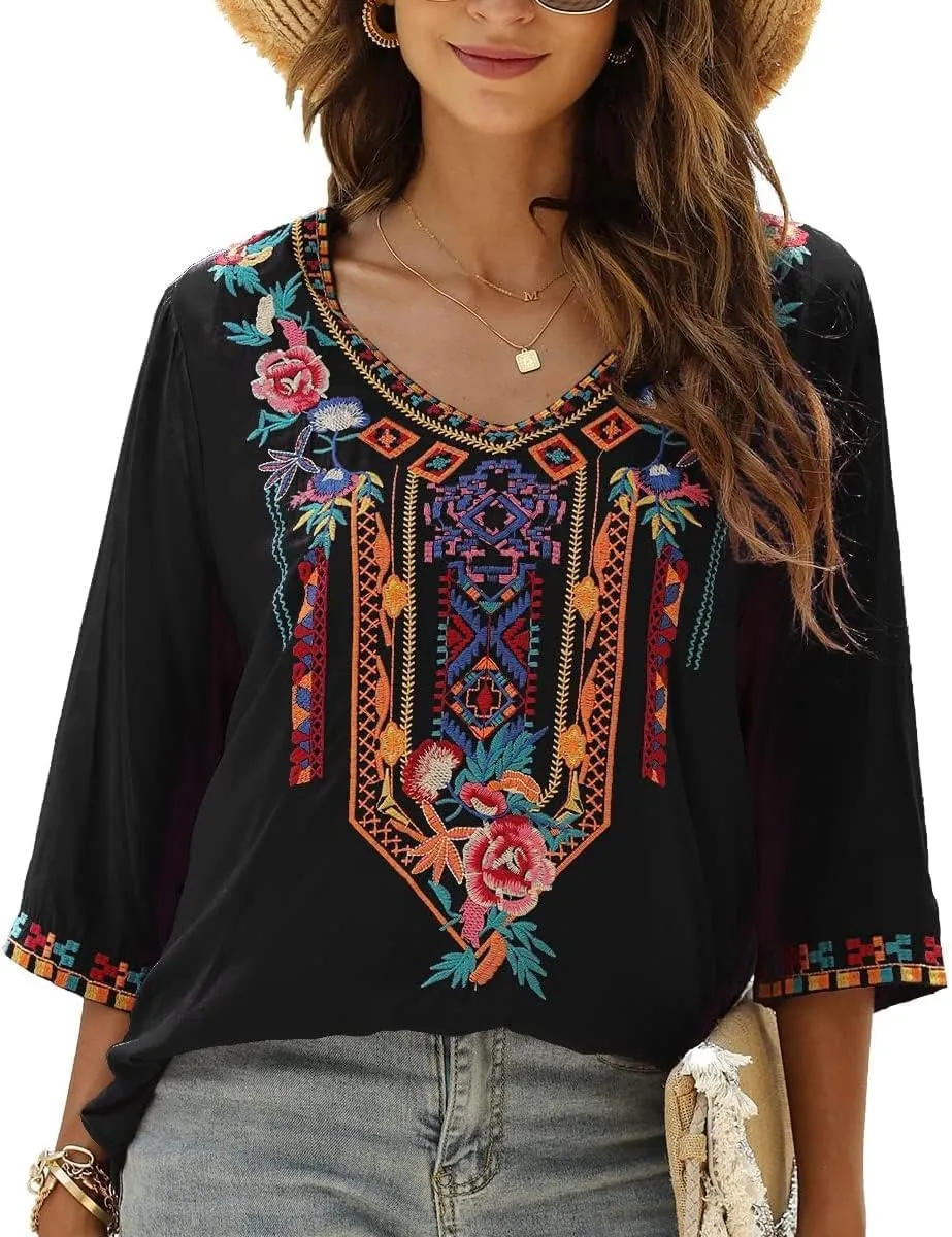 LauraKlein Women's Summer Boho Embroidery Mexican Bohemian Tops V Neck 3/4 Sleeve Causal Loose Shirt Blouse Tunic