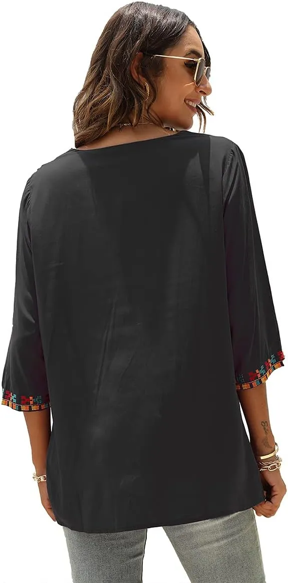 LauraKlein Women's Summer Boho Embroidery Mexican Bohemian Tops V Neck 3/4 Sleeve Causal Loose Shirt Blouse Tunic