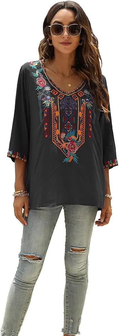 LauraKlein Women's Summer Boho Embroidery Mexican Bohemian Tops V Neck 3/4 Sleeve Causal Loose Shirt Blouse Tunic