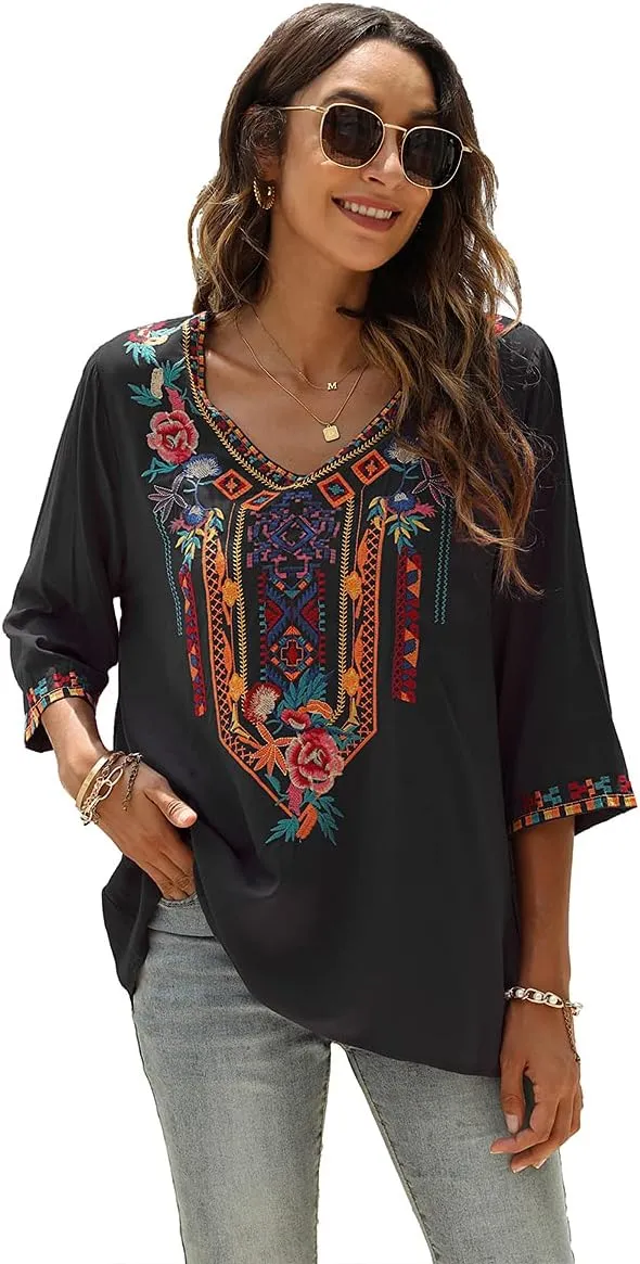 LauraKlein Women's Summer Boho Embroidery Mexican Bohemian Tops V Neck 3/4 Sleeve Causal Loose Shirt Blouse Tunic