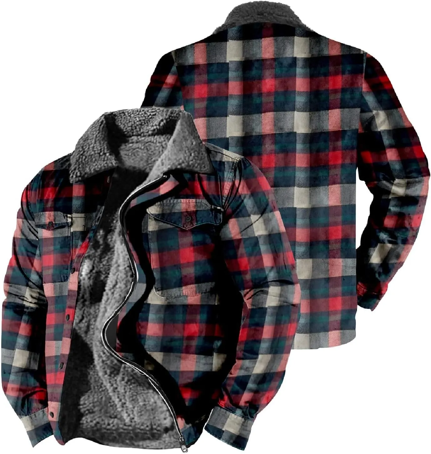 LCMTWX Men's Cotton Plaid Shirts Jacket Print Hooded Zipper Pocket Long Sleeve Shirt Patchwork Jacket Loose Thickened Heavy