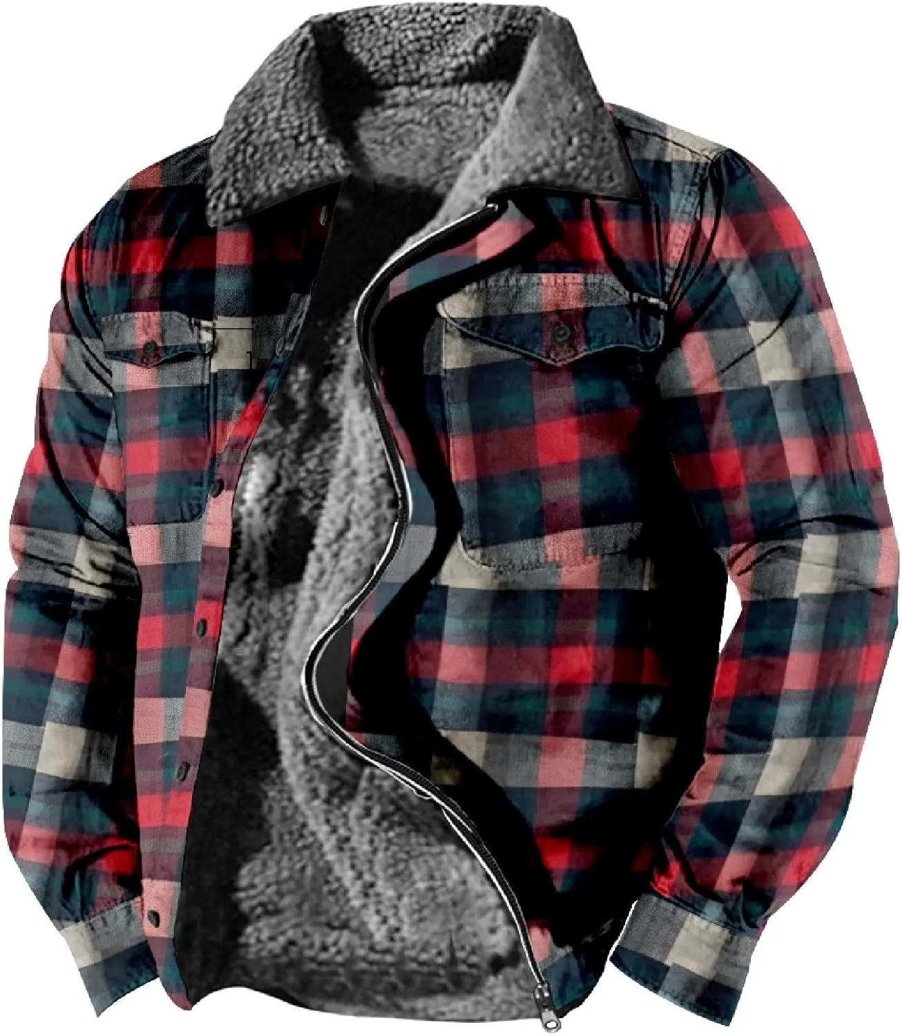 LCMTWX Men's Cotton Plaid Shirts Jacket Print Hooded Zipper Pocket Long Sleeve Shirt Patchwork Jacket Loose Thickened Heavy