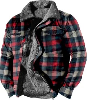 LCMTWX Men's Cotton Plaid Shirts Jacket Print Hooded Zipper Pocket Long Sleeve Shirt Patchwork Jacket Loose Thickened Heavy