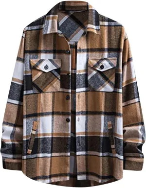 LCMTWX Men's Cotton Plaid Shirts Jacket Printing Lightweight Breathable Long Sleeve Lapel Formal Fleece Lined Flannel