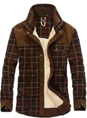 LCMTWX Mens Flannel Jacket Casual Plaid Print Lapel Button Down Pocket Long Sleeve Shirt Patchwork Jacket Thickened ​Coat