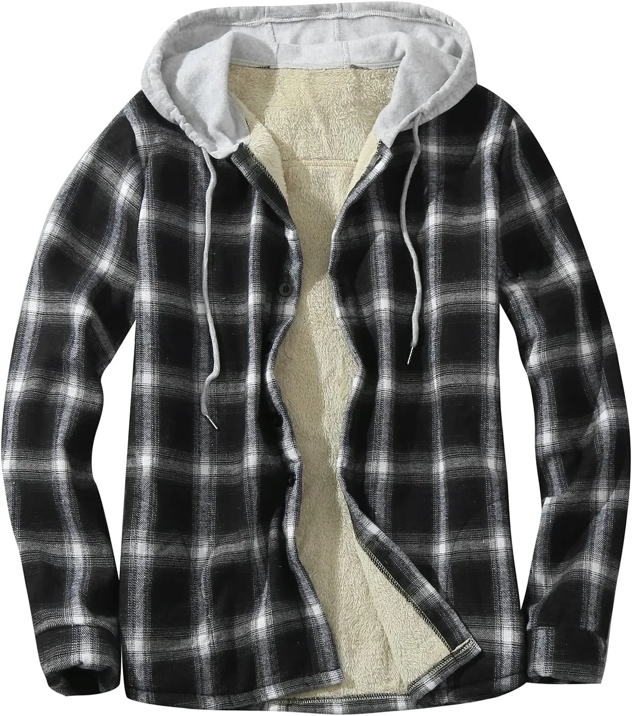 LCMTWX Men's Flannel Jackets Large Plaid Lapel Pocket Plus Velvet Coat Shirt Top Coat with Zipper with Hood for