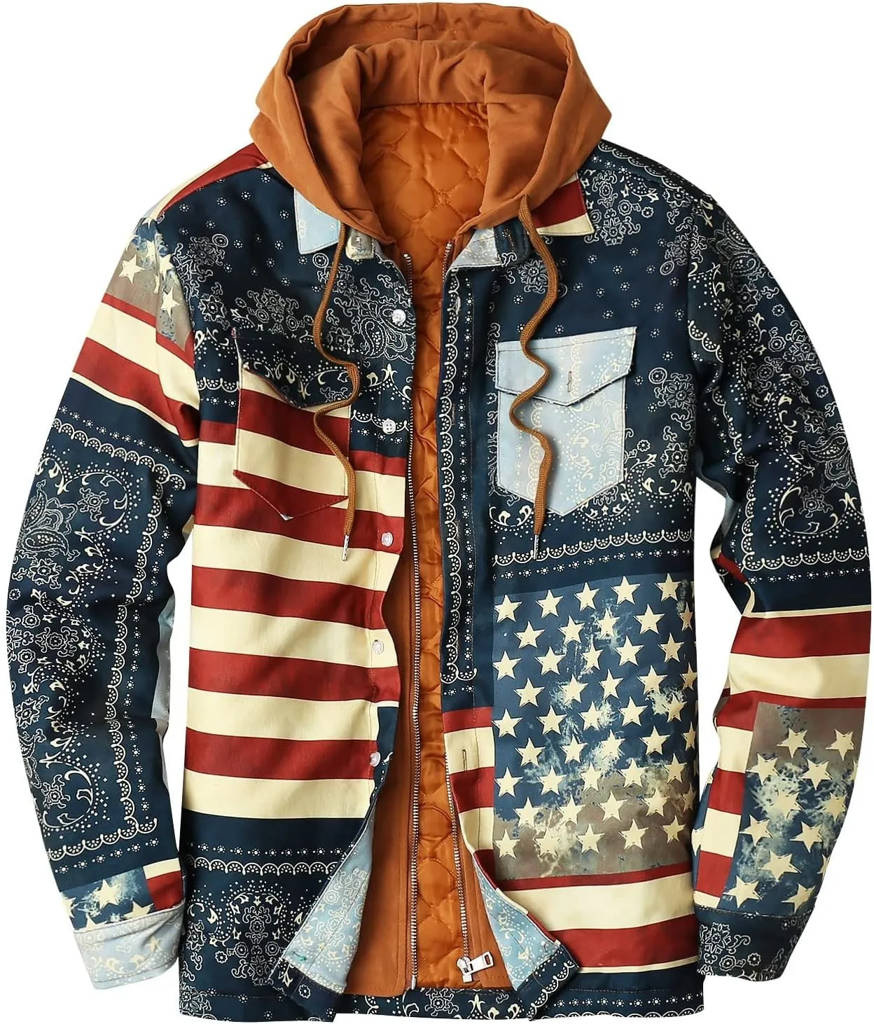 LCMTWX Mens Plaid Jacket And Winter Boho Print Hooded Zipper Pocket Long Sleeve Shirt Patchwork Casual Loose Thicken