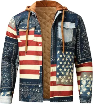 LCMTWX Mens Plaid Jacket And Winter Boho Print Hooded Zipper Pocket Long Sleeve Shirt Patchwork Casual Loose Thicken