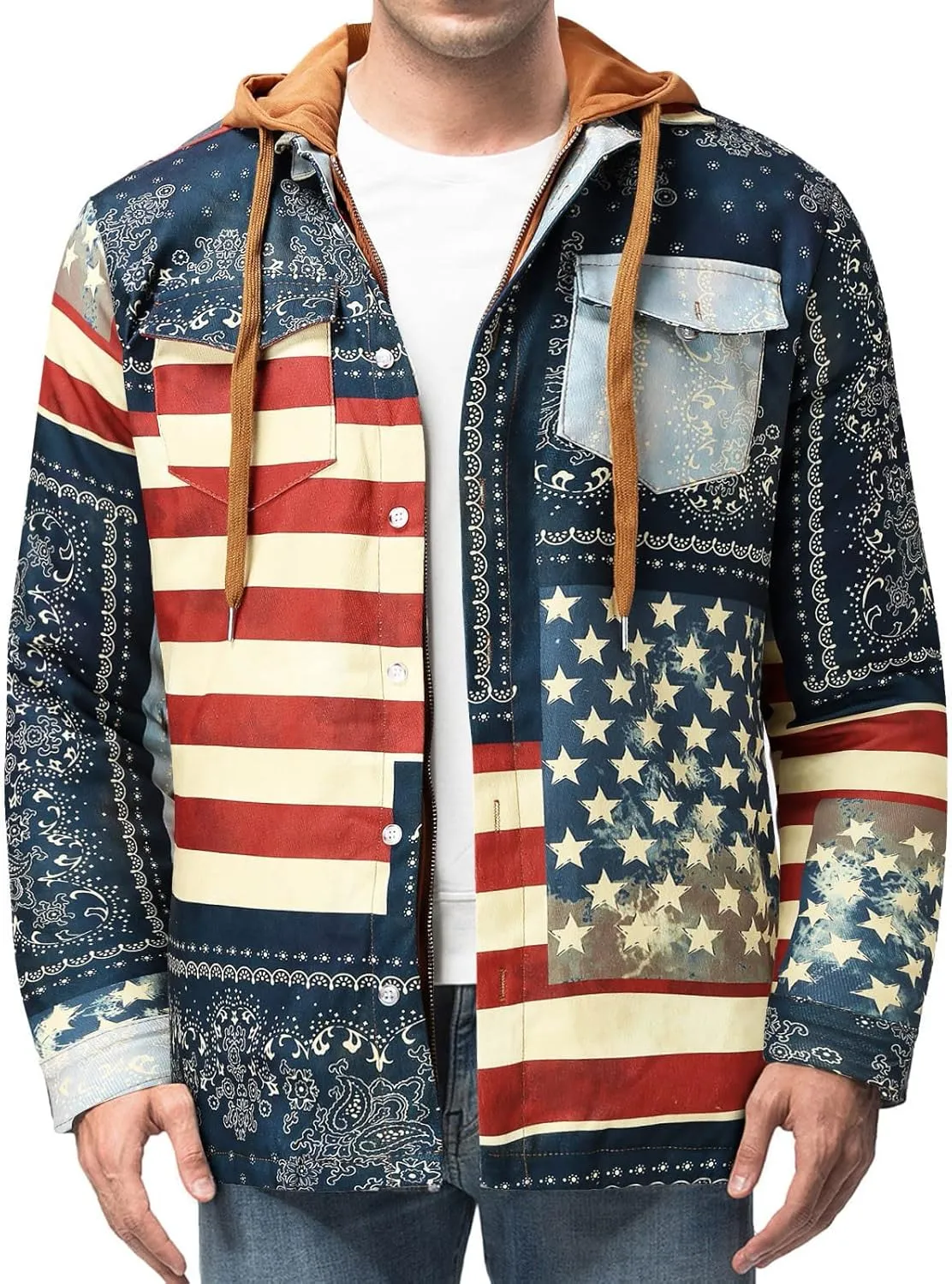 LCMTWX Mens Plaid Jacket And Winter Boho Print Hooded Zipper Pocket Long Sleeve Shirt Patchwork Casual Loose Thicken