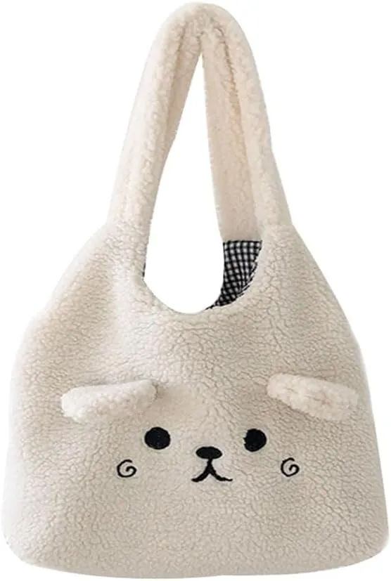 Leadigol Plush Tote Handbag, Fluffy Shoulder Bag, Shopping Bag, Winter Soft Plush Tote Bag, Embroidery Imitation Lamb Hair Shoulder Bag