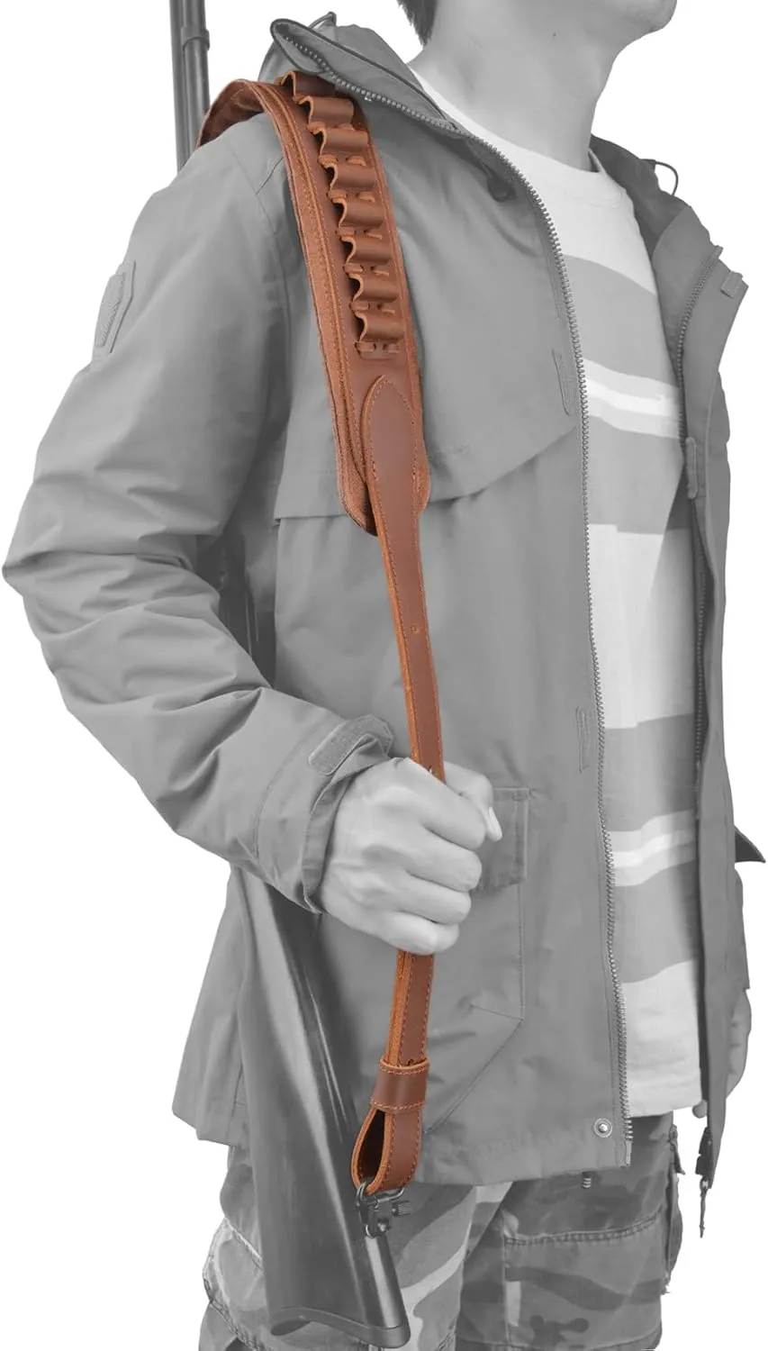 Leather Rifle Sling Gun Ammo Shell Holder Straps Loops for .308 .30-06, 45-70 410GA .44mag Cartridges