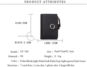 Leather Wallet Pu Leather Women's Wallet Large Capacity Short Small Purse Clutch for Ladies Girls Zipper Coin Pocket Large Capacity (Dark Pink,9x12cm)